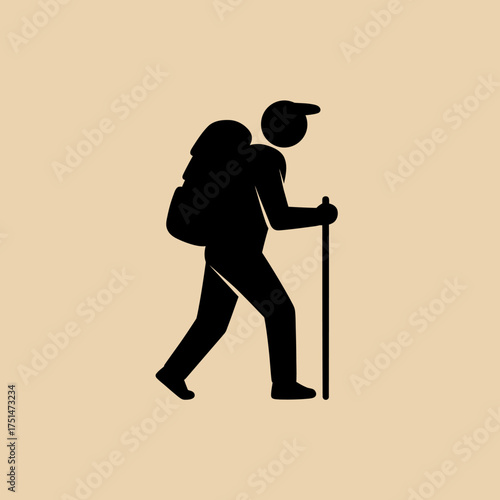 Silhouette of a hiker with a backpack and trekking pole against a textured neutral background for outdoor adventures isolated on white background Vector Illustration
