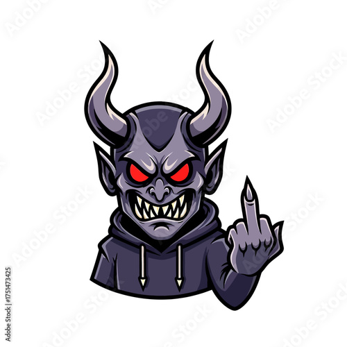 Angry demon with horns and devilish eyes raising middle finger