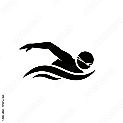 Dynamic silhouette of a swimmer performing a freestyle stroke with stylized water waves and goggles isolated on white background Vector Illustration