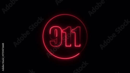 9111 neon number animation on dark background, animated 911 glowing number.