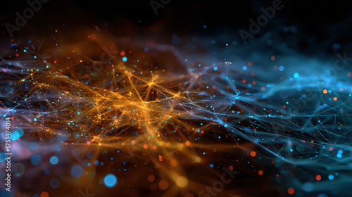 Vibrant cosmic nebula with glowing energy strands and particles