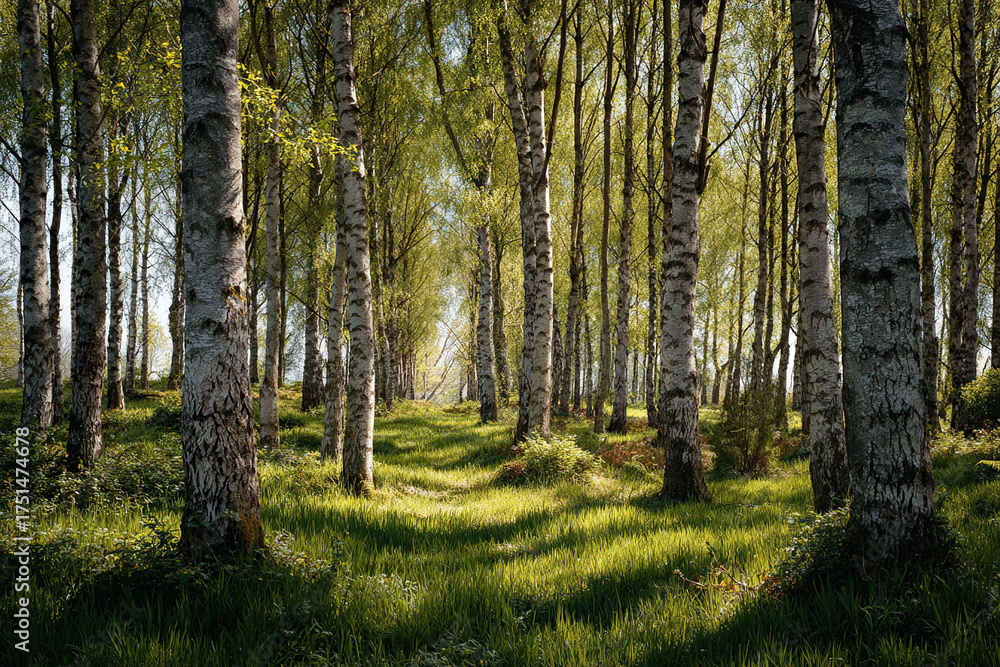 Obraz premium Sunlit Birch Trees in a Lush Green Forest Area