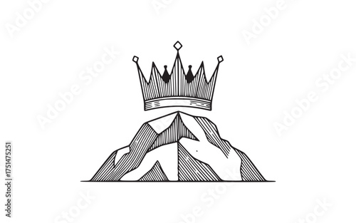 Majestic Hand-drawn Crown Perched Atop a Rugged Mountain Peak Illustration
