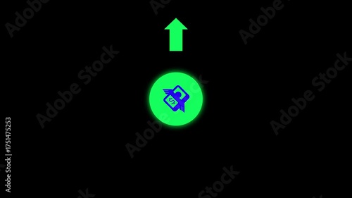 Green circle with dollar symbol and flying money icon and upward arrow on black background currency finance