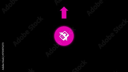 Pink circle with dollar symbol and flying money icon and upward arrow on black background currency finance