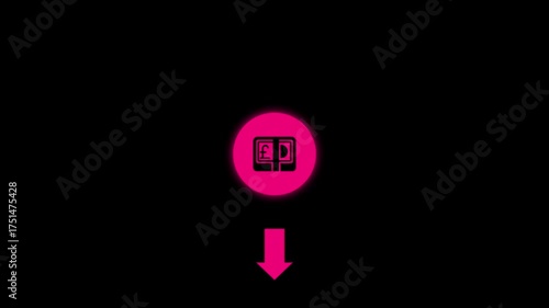 Pink icon of stacked British pound notes inside a glowing pink circle with a pink downward arrow on a black background