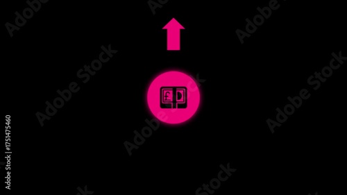 Pink icon of stacked British pound notes inside a glowing pink circle with a pink upward arrow on a black background