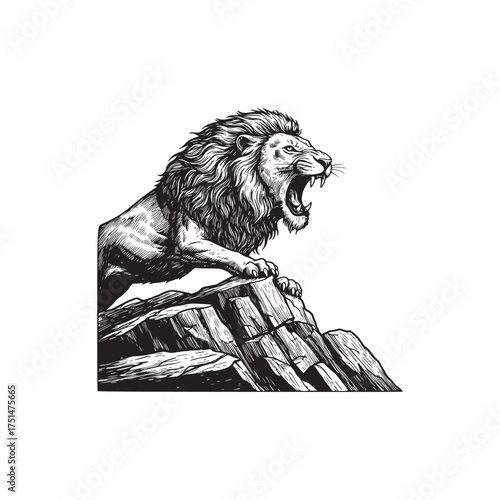 A Powerful Roaring Lion Standing on Craggy Rocks in Detailed Woodcut Style