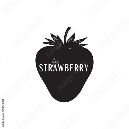 Vintage Style Black Strawberry Silhouette with White Textured Effect and 'STRAWBERRY' Inscription