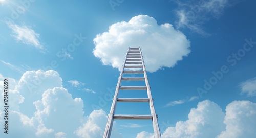 A conceptual wooden ladder extends upwards into a vast blue sky, disappearing into a bright white cloud, symbolizing aspiration, personal growth, career success, and the journey towards achieving
