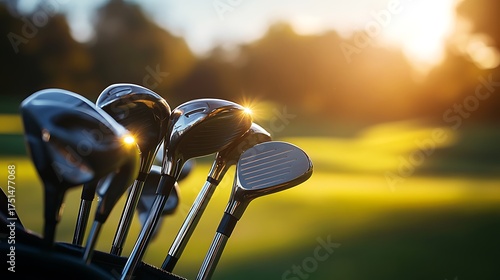 Close up of golf clubs in a bag on the course at sunset