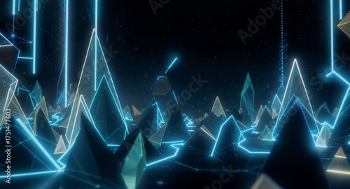 Abstract Digital Landscape with Glowing Blue Neon Connections and Geometric Forms in a Futuristic Cyberspace Network Environment, Representing Data Flow, Blockchain Technology, or Virtual Reality