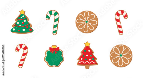 A festive assortment of christmas themed cookies and candy canes displayed against a white background.