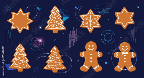A collection of festive gingerbread cookies and star-shaped holiday treats on a dark background with glowing geometric shapes and sparkles.