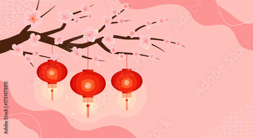 Traditional Chinese new year celebration with lanterns and cherry blossoms illuminating the festive atmosphere.