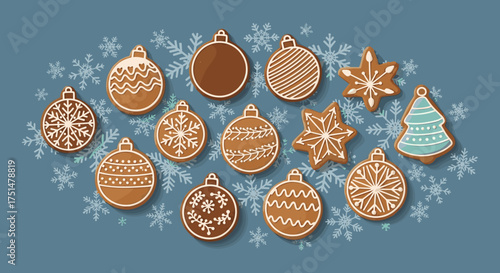 Delicious decorated gingerbread cookies in the shape of festive ornaments and snowflakes arranged on a blue background with snowflake patterns.