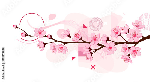 Beautiful pink cherry blossoms on a branch with abstract wavy background elements and geometric shapes.