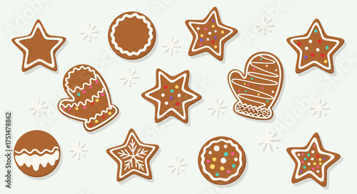 A festive collection of decorated gingerbread cookies shaped like stars mittens and circles with snowflakes scattered around a light blue background.