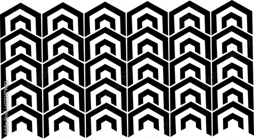 Seamless geometric black and white pattern with bold repeating chevron shapes, creating a modern optical illusion and stylish abstract background design.
