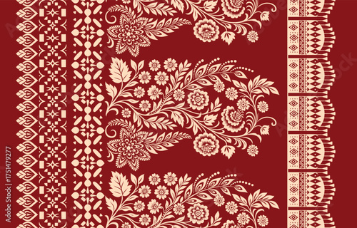 floral pattern vintage ethnic modern embroidery texture boho design vector illustration hand drawn pink flower motif branches leaves wallpaper seamless background border.	
