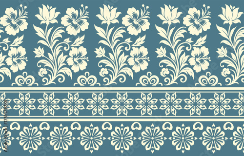 floral pattern vintage ethnic modern embroidery texture boho design vector illustration hand drawn pink flower motif branches leaves wallpaper seamless background border.	
