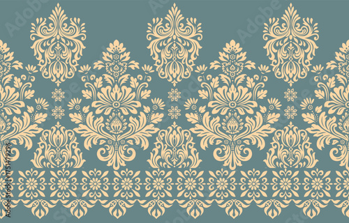 floral pattern vintage ethnic modern embroidery texture boho design vector illustration hand drawn pink flower motif branches leaves wallpaper seamless background border.	

