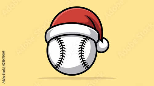 Baseball Wearing a Santa Hat on Yellow Background