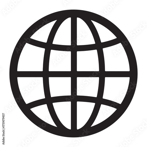 Black and white globe icon representing global connectivity and worldwide communication technology networks symbolizing international business and internet access for a globalized digital world