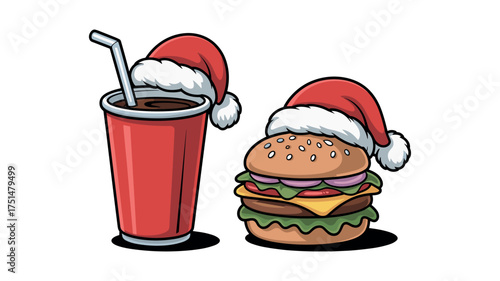 Burger and Soda with Santa Hats on White Background