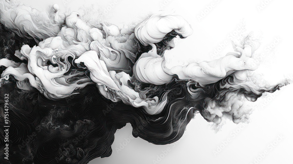Fototapeta premium Abstract ink swirling motion, dynamic fluid art, white and black against white background, for digital art or design