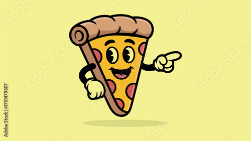 Cartoon Pizza Slice Character Pointing Finger with Happy Expression