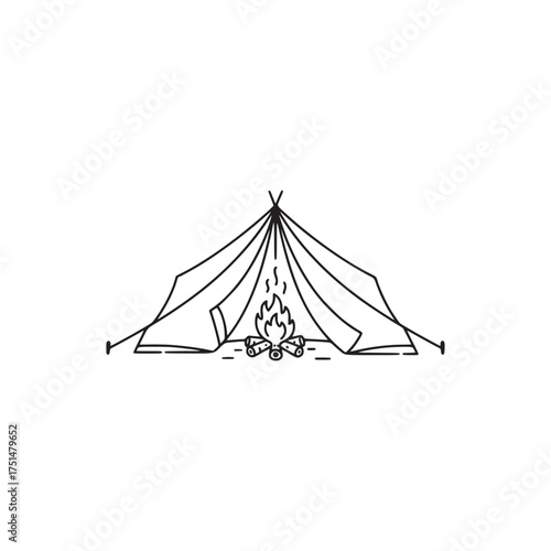 Minimalist Line Art Illustration of a Camping Tent with a Warm Campfire