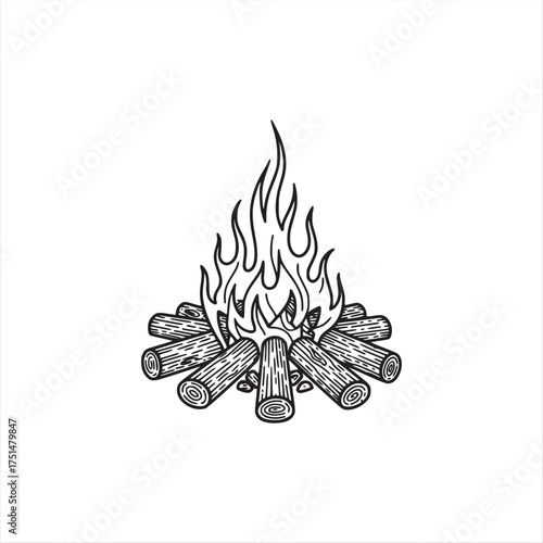 Hand-Drawn Black and White Illustration of a Traditional Campfire with Burning Logs