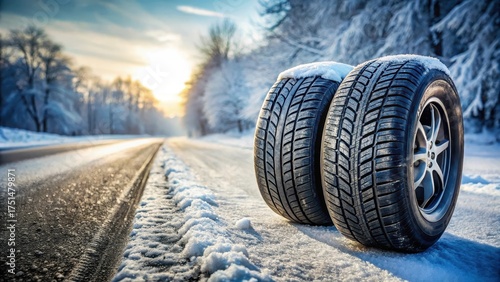 A close-up shot of a pair of snow-covered tires on the side of a deserted road, with a subtle hint of frost on the pavement, snowy asphalt, snowy road