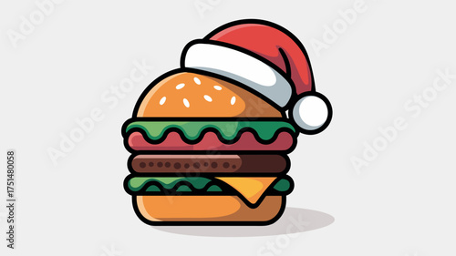 Double patty cheeseburger with lettuce and tomato wearing a Santa hat