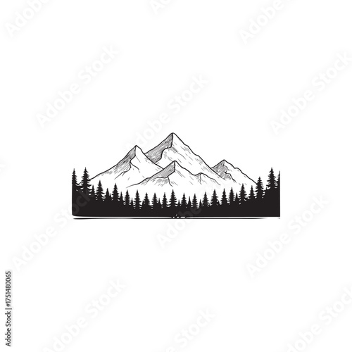 Classic Hand-Drawn Monochrome Illustration of Majestic Mountain Peaks and Pine Forest