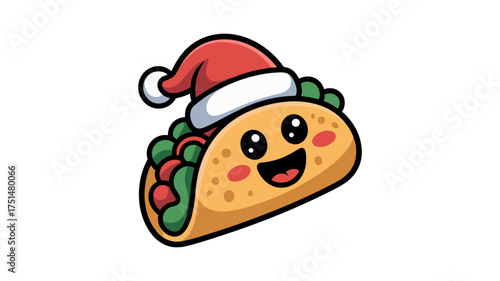 Festive Cartoon Taco with Santa Hat and Happy Face