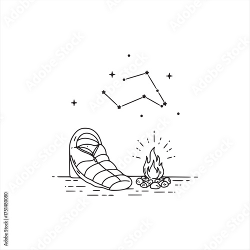 Minimalist Line Art Illustration of Outdoor Camping with Campfire and Stars