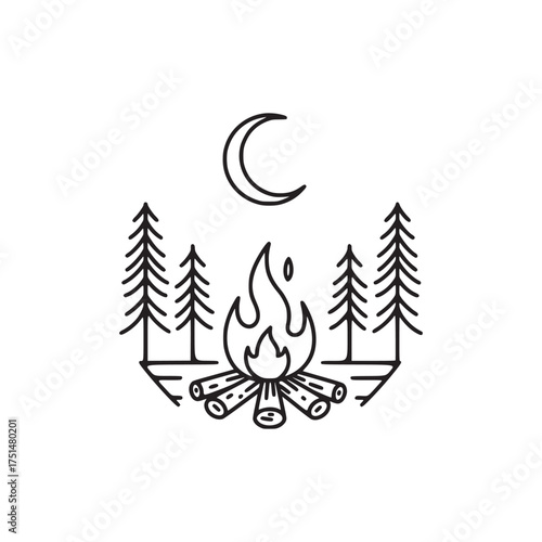 Monoline Minimalist Camping Bonfire Illustration with Pine Trees and Crescent Moon