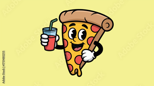 Happy Cartoon Pizza Slice Holding a Red Drink with Straw