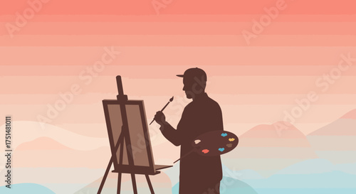 Silhouette of an Artist Painting on Canvas with Palette