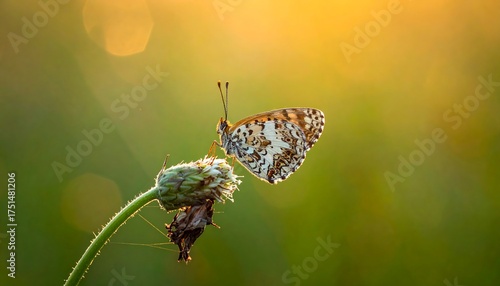 Fototapeta Naklejka Na Ścianę i Meble -  Butterfly perched atop a plant stem against a sunlit, blurred background