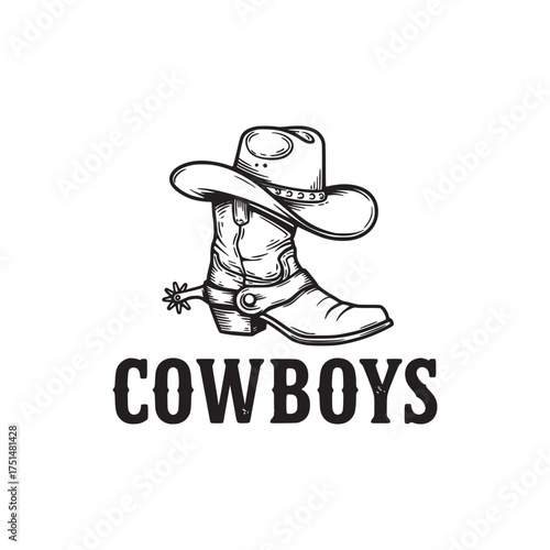 Vintage Hand-Drawn Cowboy Hat and Boot with Spur Western Graphic Design