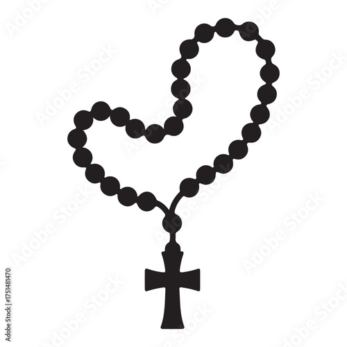 Elegant Rosary Beads with Cross Minimalist Black Silhouette Against White Background Symbol of Faith and Devotion