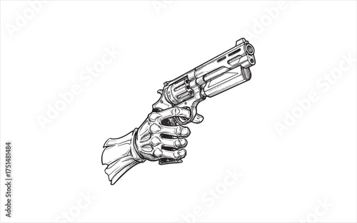 Detailed Black and White Line Art Illustration of a Hand Holding a Revolver