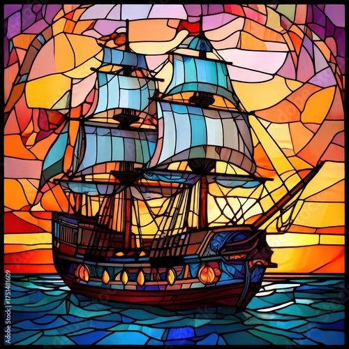 an AI Image Generator, Blue Stained Glass Nautical Ship Lamp Decoration With Sails