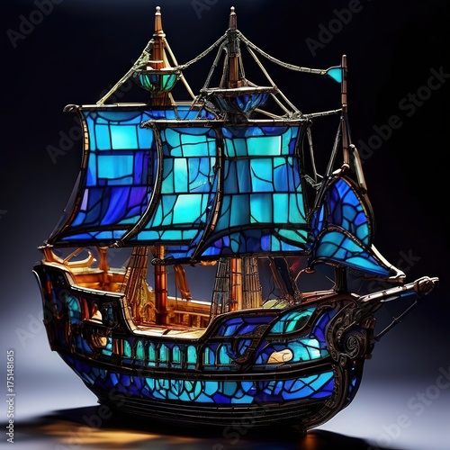 an AI Image Generator, Blue Stained Glass Nautical Ship Lamp Decoration With Sails