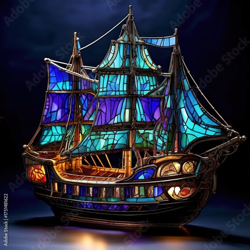 an AI Image Generator, Blue Stained Glass Nautical Ship Lamp Decoration With Sails