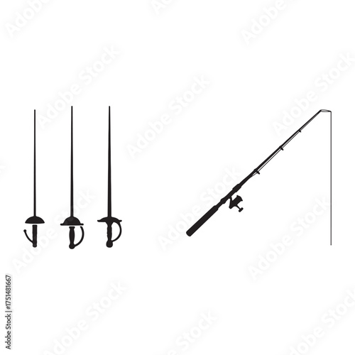 Fencing Swords and Fishing Rod Silhouette for Sport Leisure and Recreation Activities on White Background
