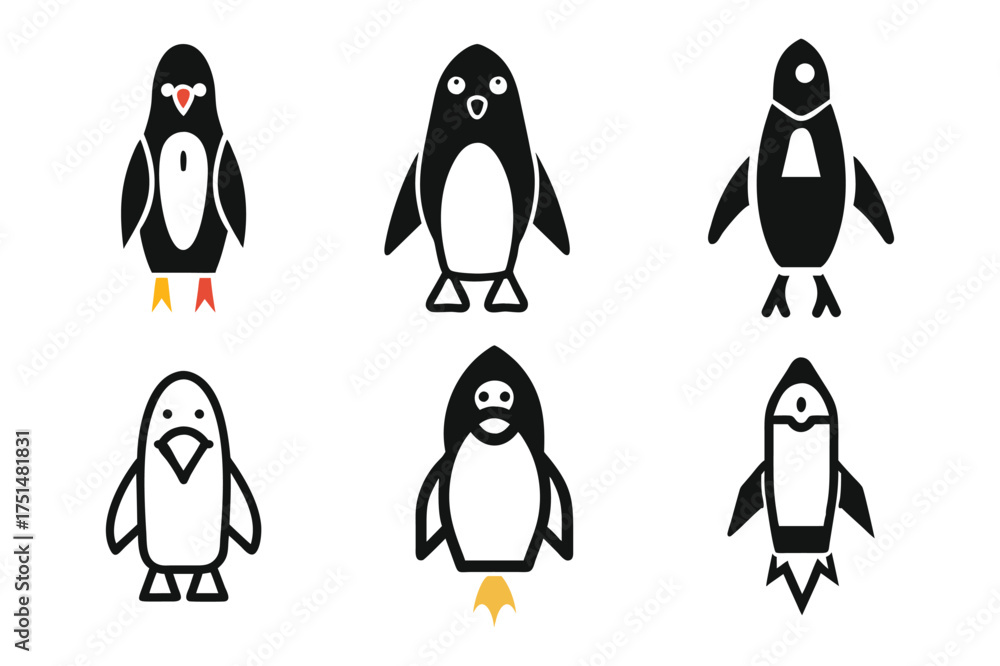 Obraz premium Black and white cartoon penguins with different expressions